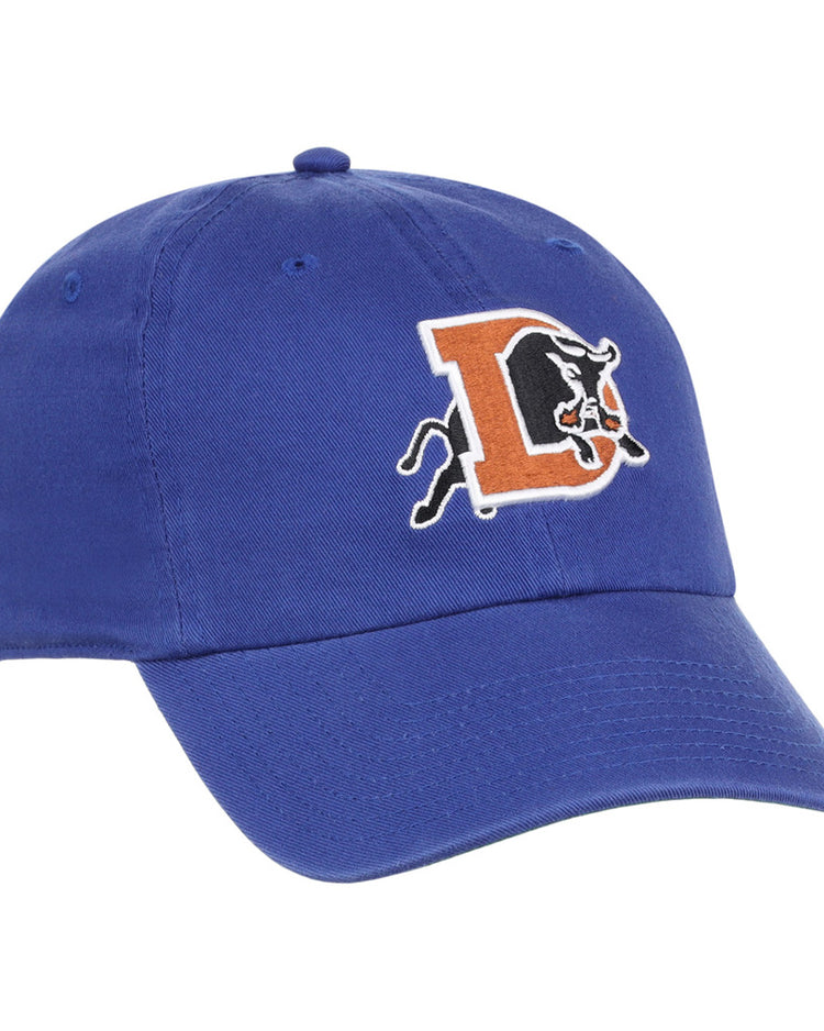 The Ebbets Field Durham Bulls MiLB Dad Ballcap features an embroidered charging black bull with an orange 