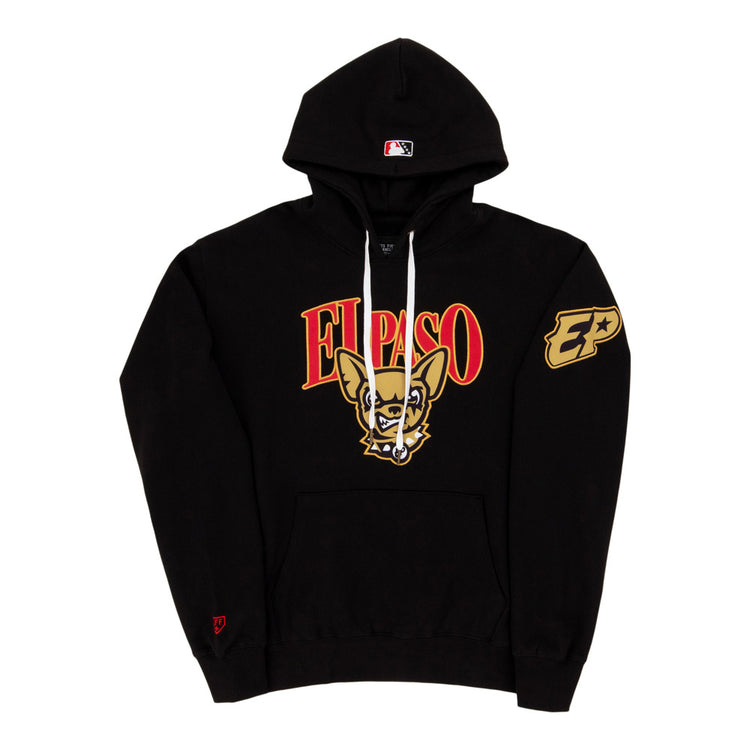 The El Paso Chihuahuas MiLB Cotton Hooded Sweatshirt by Ebbets Field features bold red and yellow 