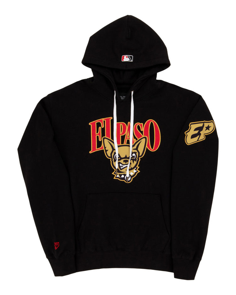 The El Paso Chihuahuas MiLB Cotton Hooded Sweatshirt by Ebbets Field features bold red and yellow 