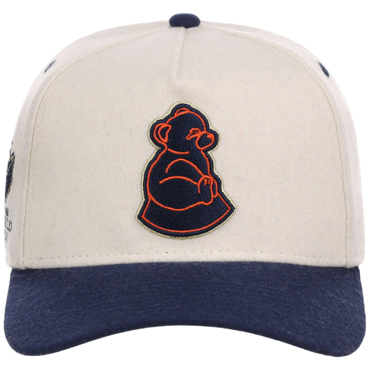 The Ebbets Field San Francisco Sea Lions NLB Ballpark A-Frame Ballcap is beige with a navy brim and showcases an embroidered orange and navy bear outline on the front.