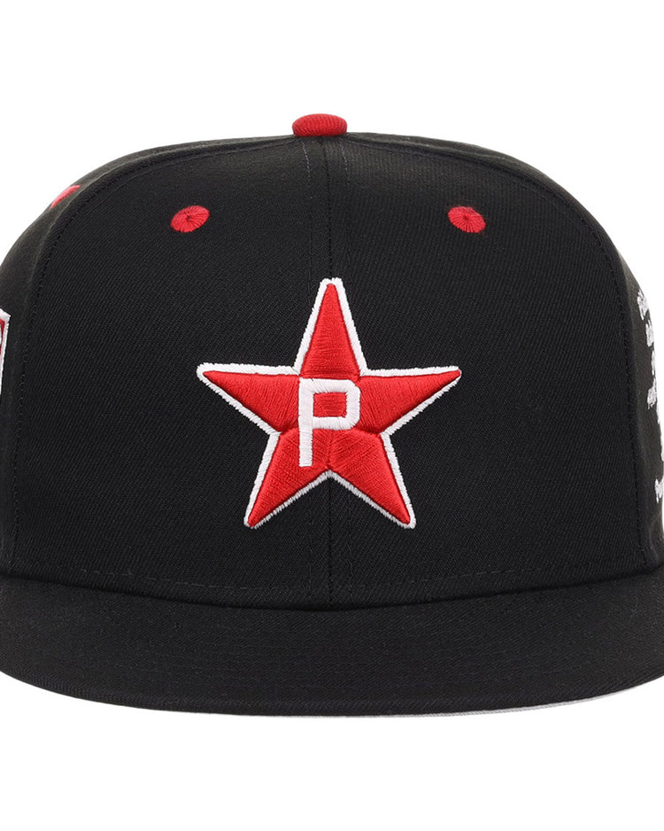 The Ebbets Field Philadelphia Stars NLB Varsity Fitted Ballcap is a black hat with a large red star and white 