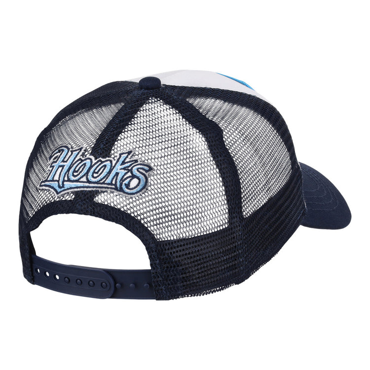 The Ebbets Field Corpus Christi Hooks MiLB Trucker Ballcap is a navy blue and white mesh hat with 
