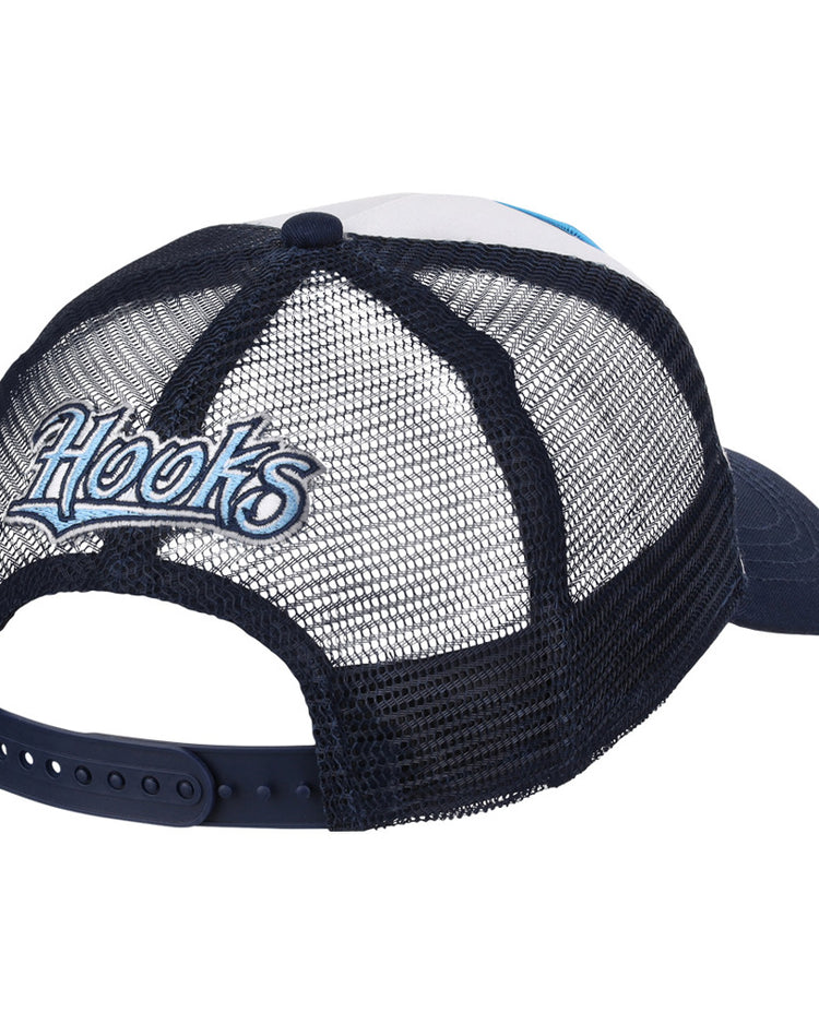 The Ebbets Field Corpus Christi Hooks MiLB Trucker Ballcap is a navy blue and white mesh hat with 