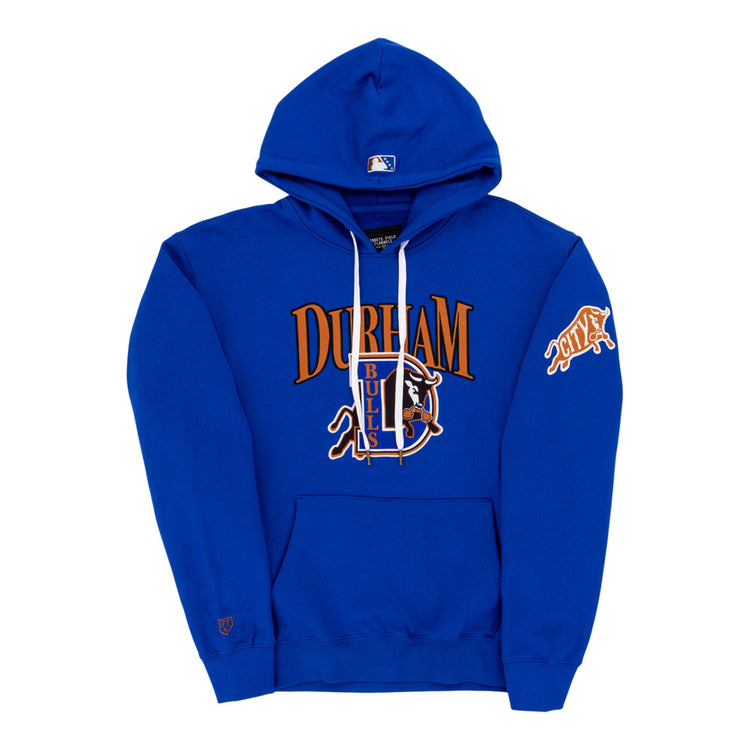 The Durham Bulls MiLB Cotton Hooded Sweatshirt by Ebbets Field features DURHAM BULLS and a bull logo on the front, an orange CITY patch on the sleeve, kangaroo pocket, drawstrings, and an MLB logo on the hood.