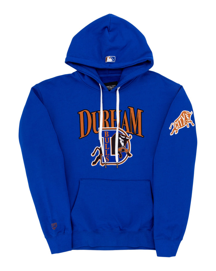 The Durham Bulls MiLB Cotton Hooded Sweatshirt by Ebbets Field features DURHAM BULLS and a bull logo on the front, an orange CITY patch on the sleeve, kangaroo pocket, drawstrings, and an MLB logo on the hood.