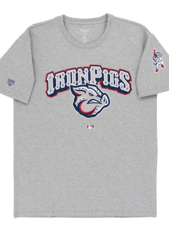 The Ebbets Field Lehigh Valley Ironpigs MiLB Fashion Cotton Short Sleeve Tee is a gray t-shirt with 