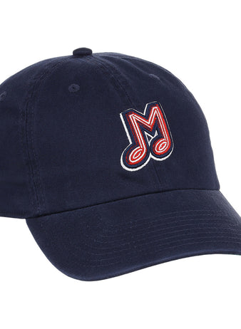 The Ebbets Field Memphis Redbirds MiLB Dad Ballcap is a navy blue cap with an embroidered red, white, and blue letter M on the front.