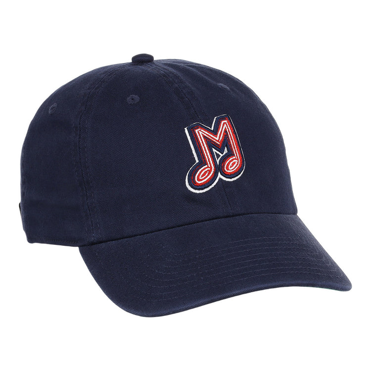 The Ebbets Field Memphis Redbirds MiLB Dad Ballcap is a navy blue cap with an embroidered red, white, and blue letter M on the front.