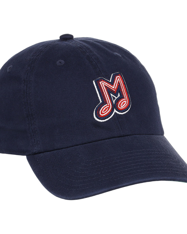The Ebbets Field Memphis Redbirds MiLB Dad Ballcap is a navy blue cap with an embroidered red, white, and blue letter M on the front.