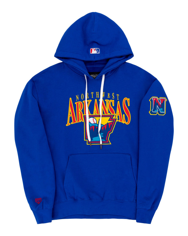 The Ebbets Field Northwest Arkansas Naturals MiLB Cotton Hooded Sweatshirt is royal blue with an Arkansas outline and claw marks on the front, a stylized N logo, an embroidered N patch on the left sleeve, and a red logo on the right cuff.