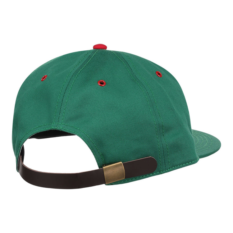 The Ebbets Field Hot Spring Bathers MiLB Cotton Ballcap, shown from the back, features red eyelets and a brown adjustable strap with a brass buckle.