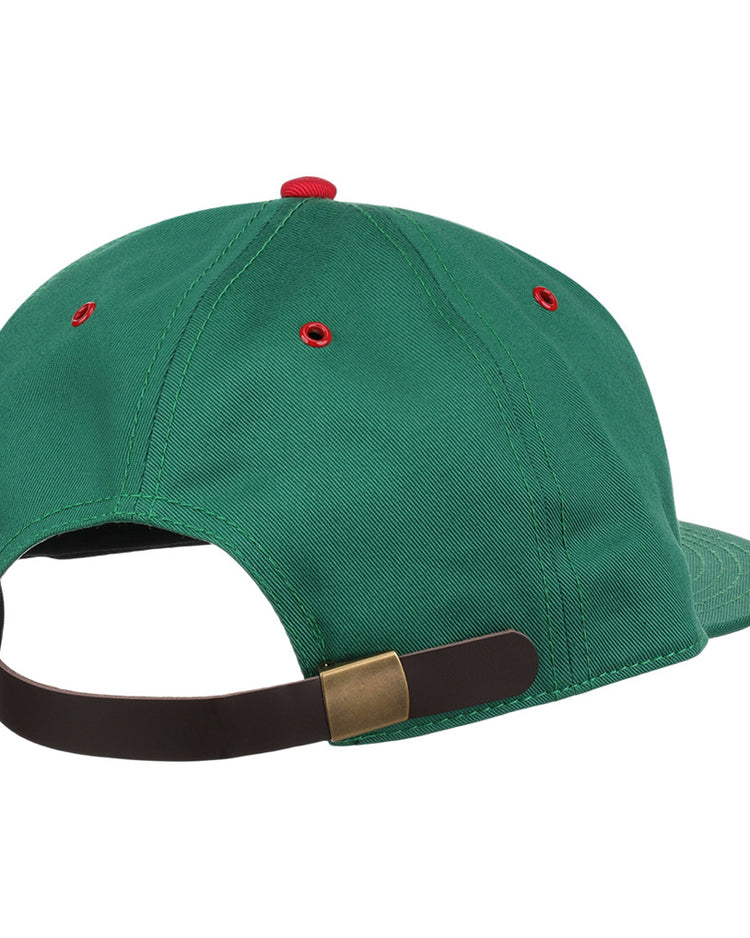 The Ebbets Field Hot Spring Bathers MiLB Cotton Ballcap, shown from the back, features red eyelets and a brown adjustable strap with a brass buckle.