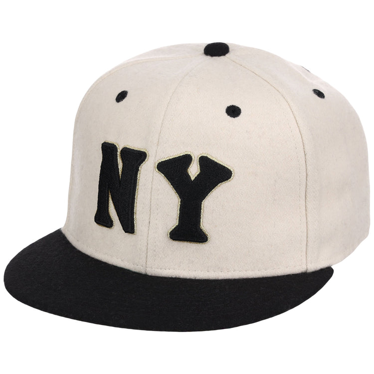 The Ebbets Field New York Black Yankees NLB Ballpark Fitted Ballcap is a white cap with a black brim, bold NY lettering on the front, and black stitched eyelets.