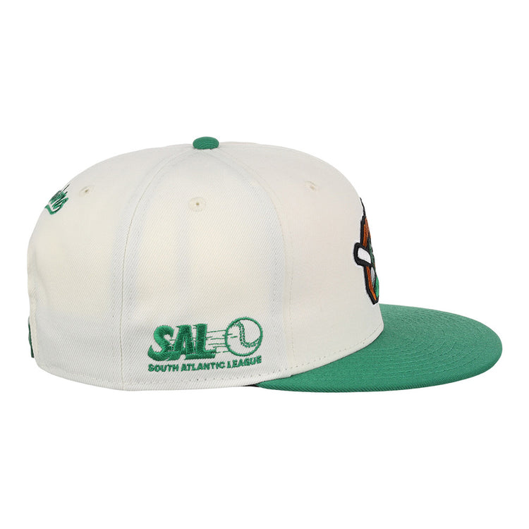 The Ebbets Field Greensboro Grasshoppers MiLB Snapback Ballcap is a white cap with a green brim, a colorful front logo, and green SAL South Atlantic League text and logo embroidered on the side.