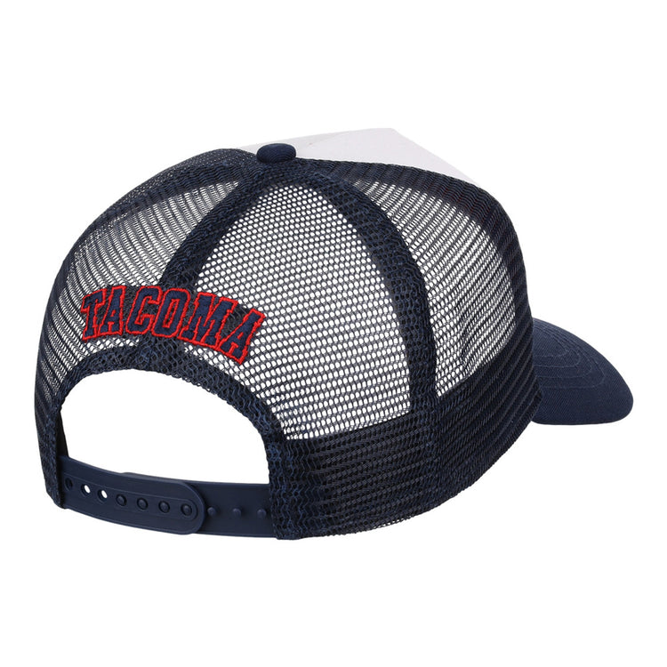 The Seattle Rainers MiLB Trucker Ballcap by Ebbets Field is a navy blue and white mesh-back hat with an adjustable strap. 