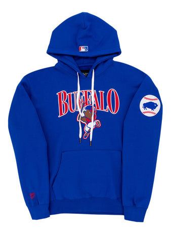 The Ebbets Field Buffalo Bisons MiLB Cotton Hooded Sweatshirt features “Buffalo” across the chest, a cartoon bison with a bat, a white baseball patch with a blue bison on the left sleeve, front pocket, and drawstring hood.
