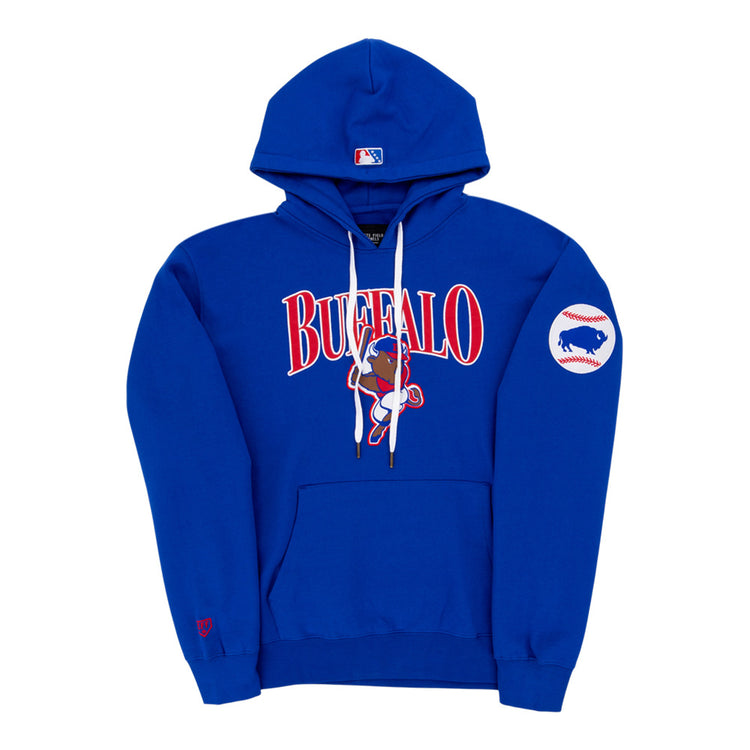 The Ebbets Field Buffalo Bisons MiLB Cotton Hooded Sweatshirt features “Buffalo” across the chest, a cartoon bison with a bat, a white baseball patch with a blue bison on the left sleeve, front pocket, and drawstring hood.