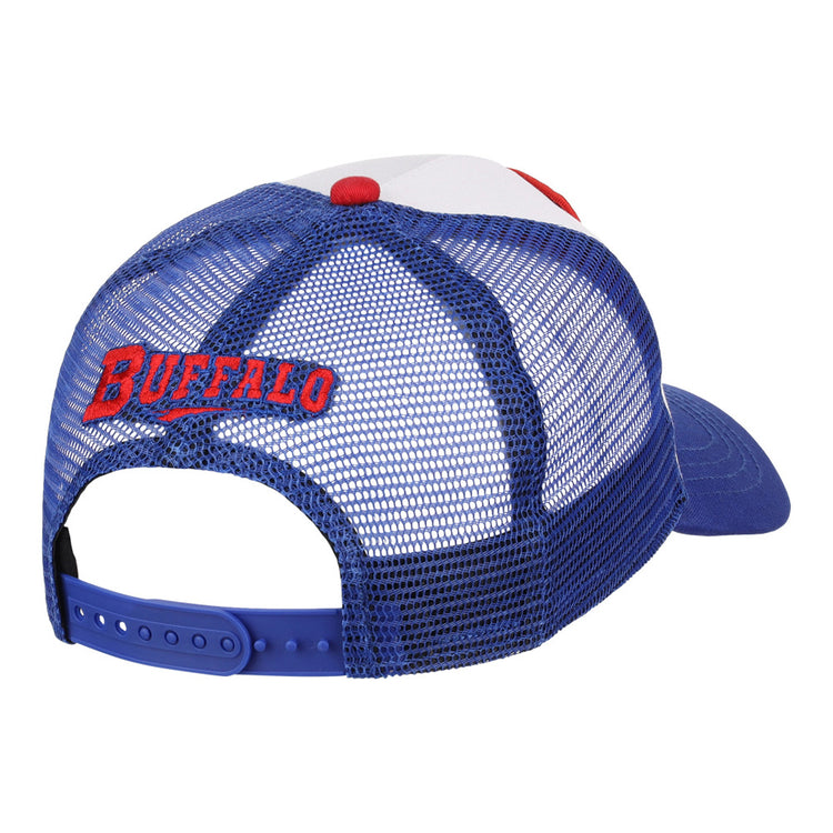The Ebbets Field Buffalo Bisons MiLB Trucker Ballcap is a blue and white mesh hat with a snapback closure, featuring 