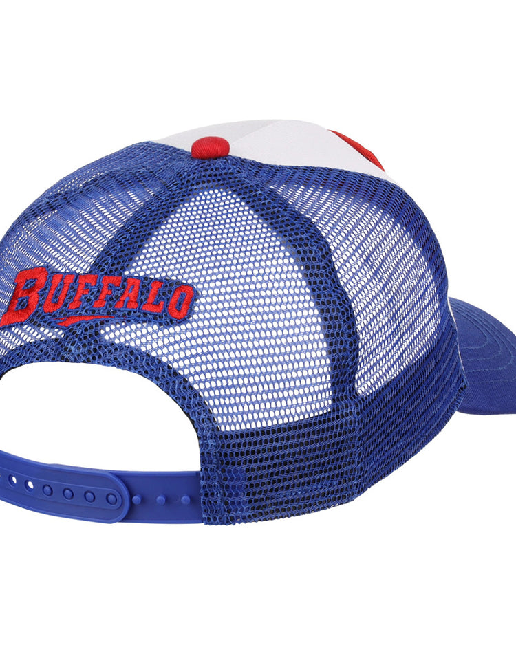 The Ebbets Field Buffalo Bisons MiLB Trucker Ballcap is a blue and white mesh hat with a snapback closure, featuring 