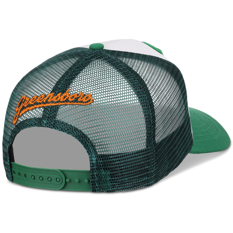 The Ebbets Field Greensboro Grasshoppers MiLB Trucker Ballcap is a green and white mesh snapback hat with 