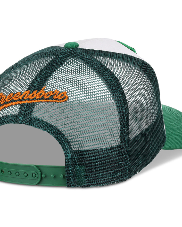 The Ebbets Field Greensboro Grasshoppers MiLB Trucker Ballcap is a green and white mesh snapback hat with 