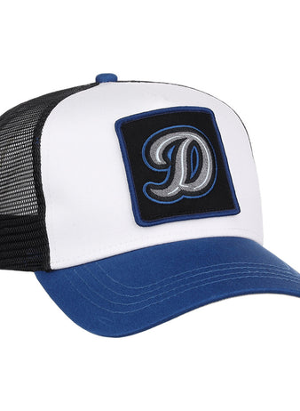 The Ebbets Field Tulsa Drillers MiLB Trucker Ballcap features a white front panel, blue bill, black mesh back, and a black patch with a large embroidered letter D on the front.