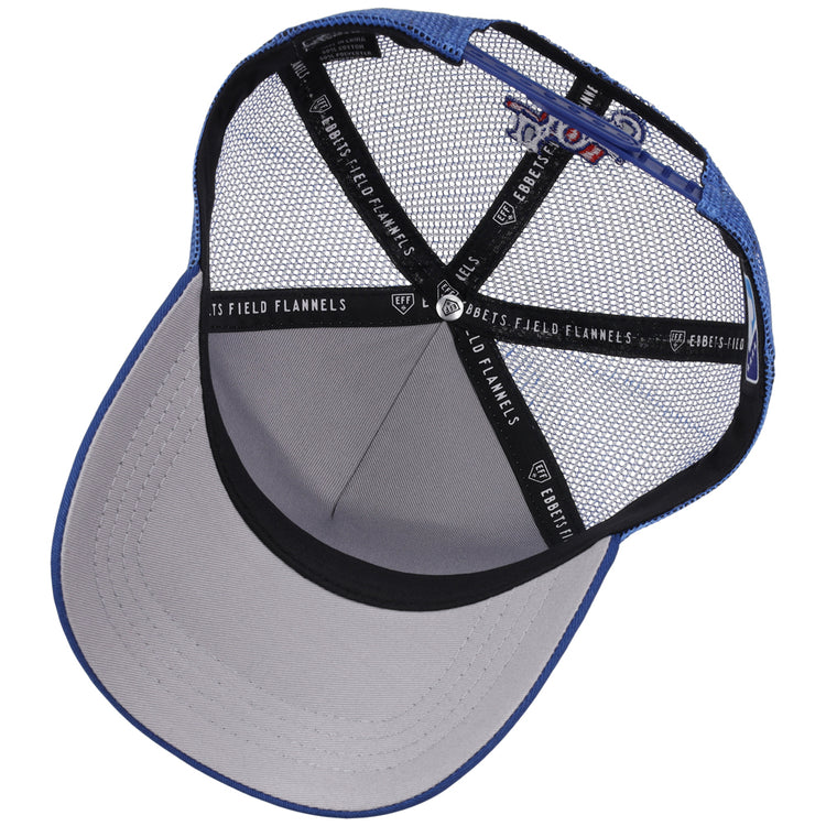 The inside of the Oklahoma City Dodgers MiLB Trucker Ballcap by Ebbets Field is shown, featuring a blue and gray mesh crown, fabric brim, and black interior trim with 