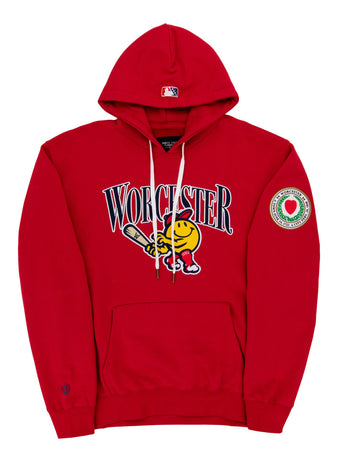 The Ebbets Field Worcester Red Sox MiLB Cotton Hooded Sweatshirt is a red hoodie with 