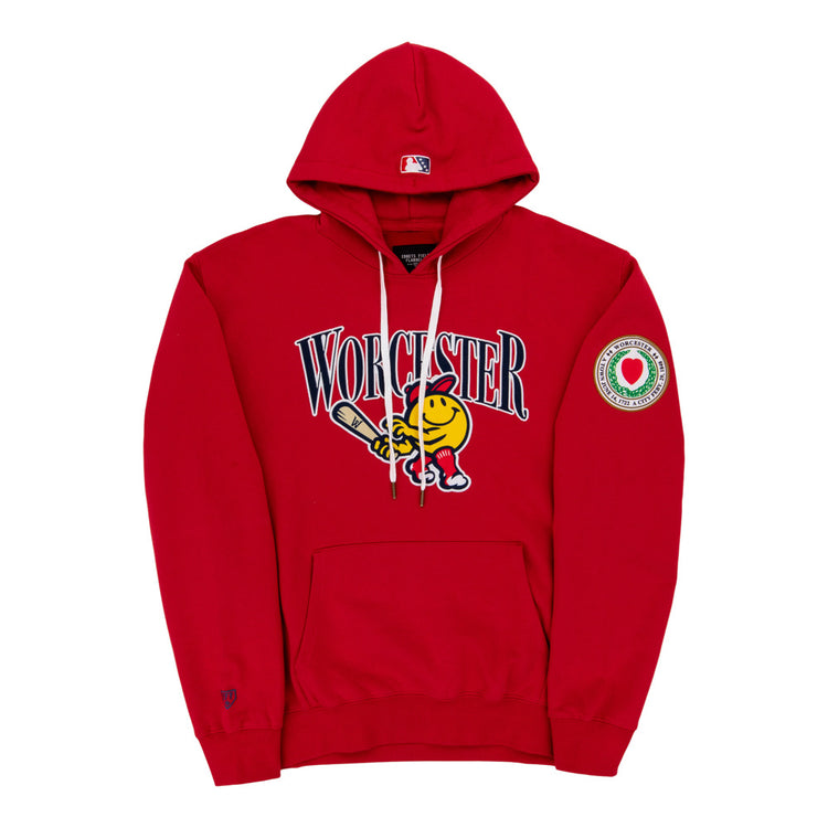 The Ebbets Field Worcester Red Sox MiLB Cotton Hooded Sweatshirt is a red hoodie with 