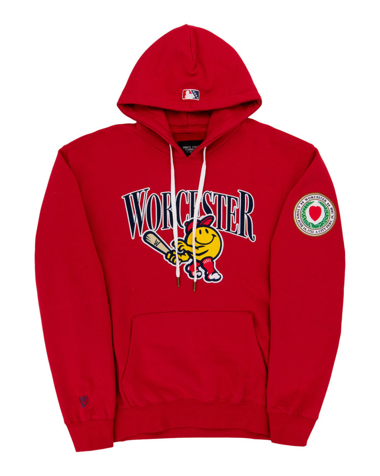 The Ebbets Field Worcester Red Sox MiLB Cotton Hooded Sweatshirt is a red hoodie with 