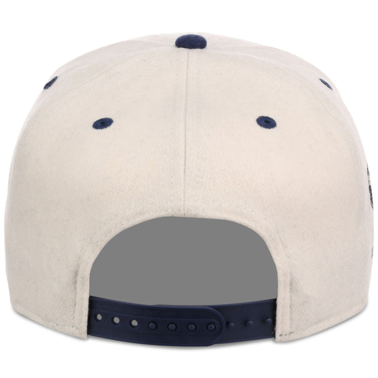 The image shows the back view of the Ebbets Field San Francisco Sea Lions NLB Ballpark A-Frame Ballcap, a light-colored cap featuring a dark blue adjustable snapback closure and matching blue eyelets.