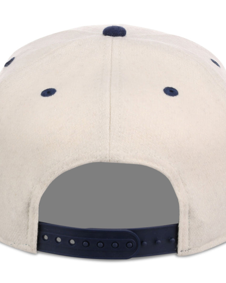 The image shows the back view of the Ebbets Field San Francisco Sea Lions NLB Ballpark A-Frame Ballcap, a light-colored cap featuring a dark blue adjustable snapback closure and matching blue eyelets.