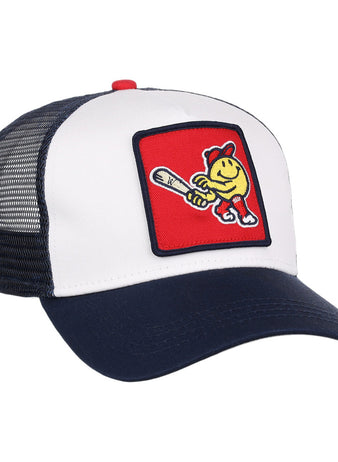 The Ebbets Field Worcester Red Sox MiLB Trucker Ballcap features a white front panel, navy blue bill and mesh back, plus a red patch with a cartoon baseball character holding a bat and wearing a cap.