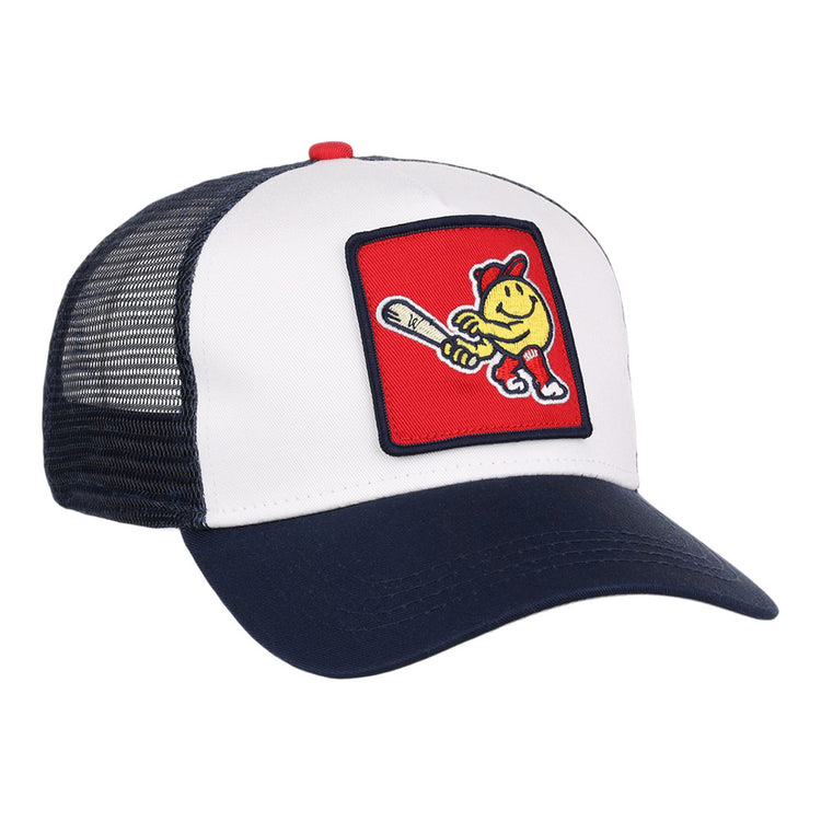 The Ebbets Field Worcester Red Sox MiLB Trucker Ballcap features a white front panel, navy blue bill and mesh back, plus a red patch with a cartoon baseball character holding a bat and wearing a cap.