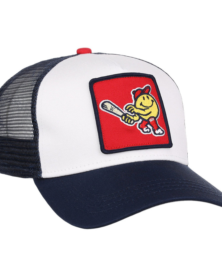 The Ebbets Field Worcester Red Sox MiLB Trucker Ballcap features a white front panel, navy blue bill and mesh back, plus a red patch with a cartoon baseball character holding a bat and wearing a cap.