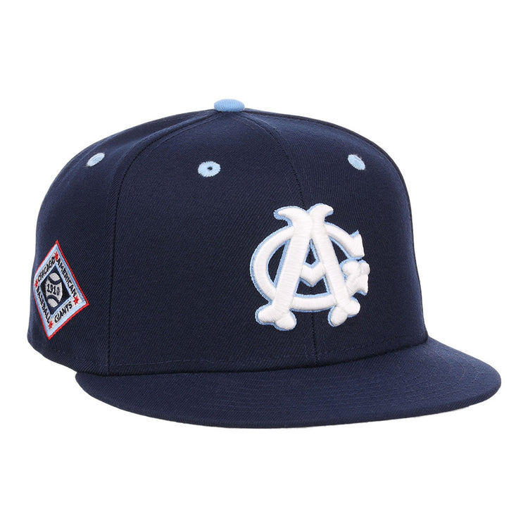 The Ebbets Field Chicago American Giants NLB Varsity Fitted Ballcap features a navy blue design with a white and light blue 