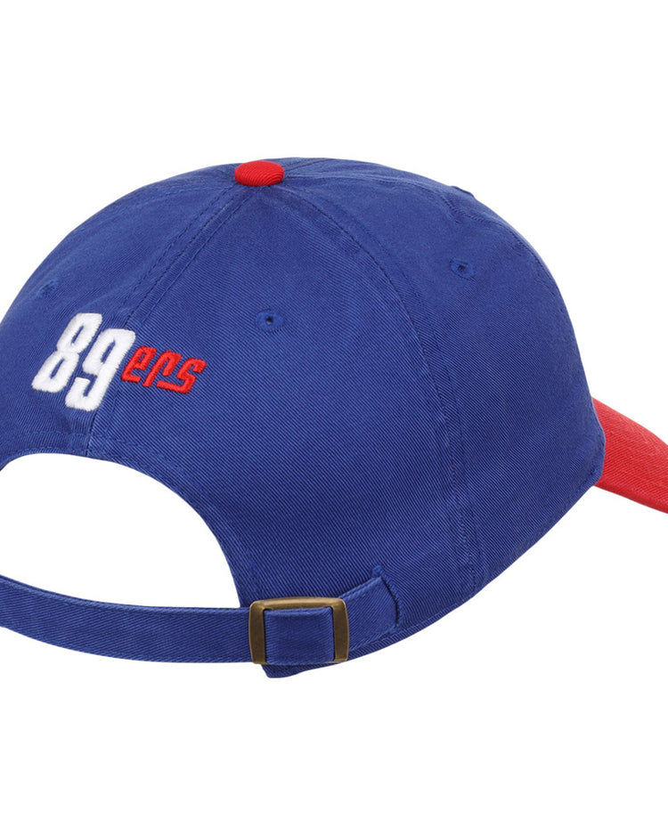 The Ebbets Field Oklahoma City 89Ers MiLB Logo Dad Ballcap is blue with a red brim and top button, 