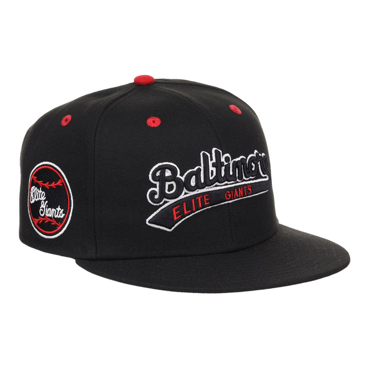 The Ebbets Field Baltimore Elite Giants NLB Varsity Fitted Ballcap is a black cap with 