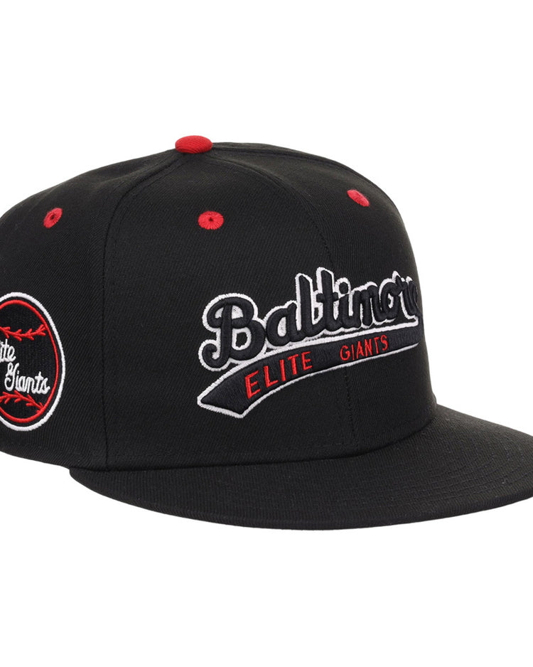 The Ebbets Field Baltimore Elite Giants NLB Varsity Fitted Ballcap is a black cap with 