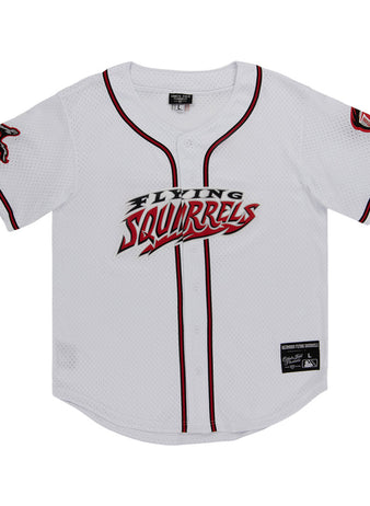 The Ebbets Field Richmond Flying Squirrels MiLB Button Down Jersey is a white jersey with black and red trim, 