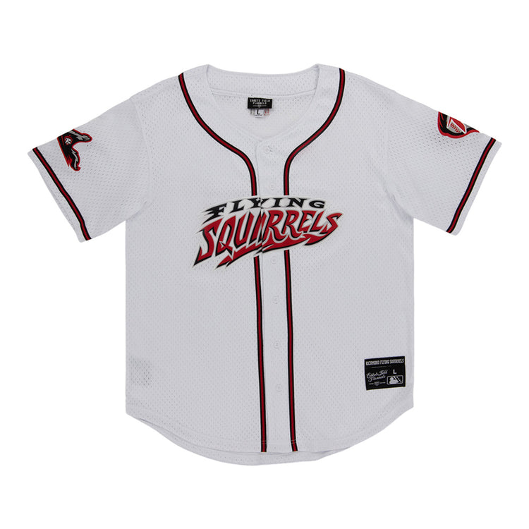 The Ebbets Field Richmond Flying Squirrels MiLB Button Down Jersey is a white jersey with black and red trim, 