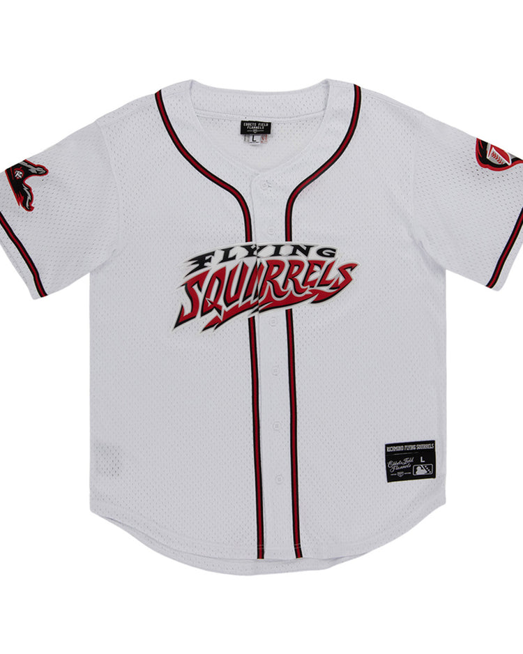 The Ebbets Field Richmond Flying Squirrels MiLB Button Down Jersey is a white jersey with black and red trim, 