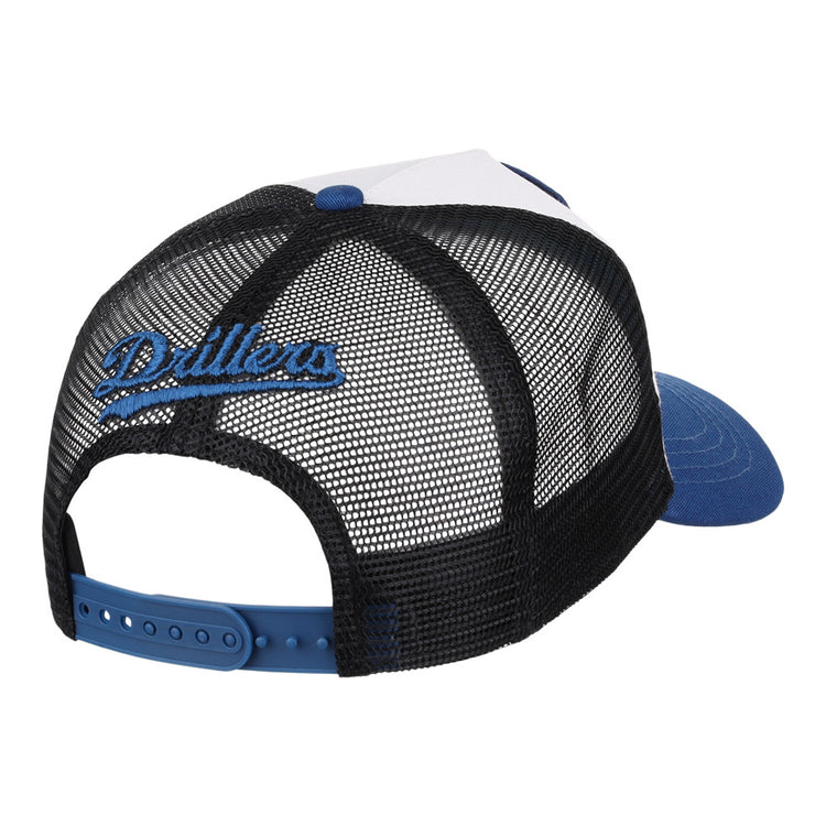 The Ebbets Field Tulsa Drillers MiLB Trucker Ballcap features a blue brim, white front panel, black mesh back with “Drillers” in blue script embroidery, and an adjustable blue snapback closure.