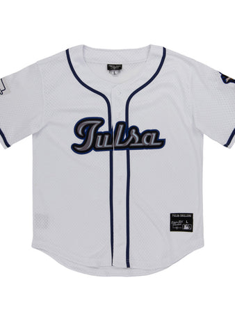 The Ebbets Field Tulsa Drillers MiLB Button Down Jersey features white fabric, 