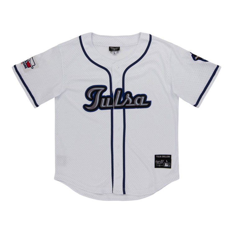 The Ebbets Field Tulsa Drillers MiLB Button Down Jersey features white fabric, 