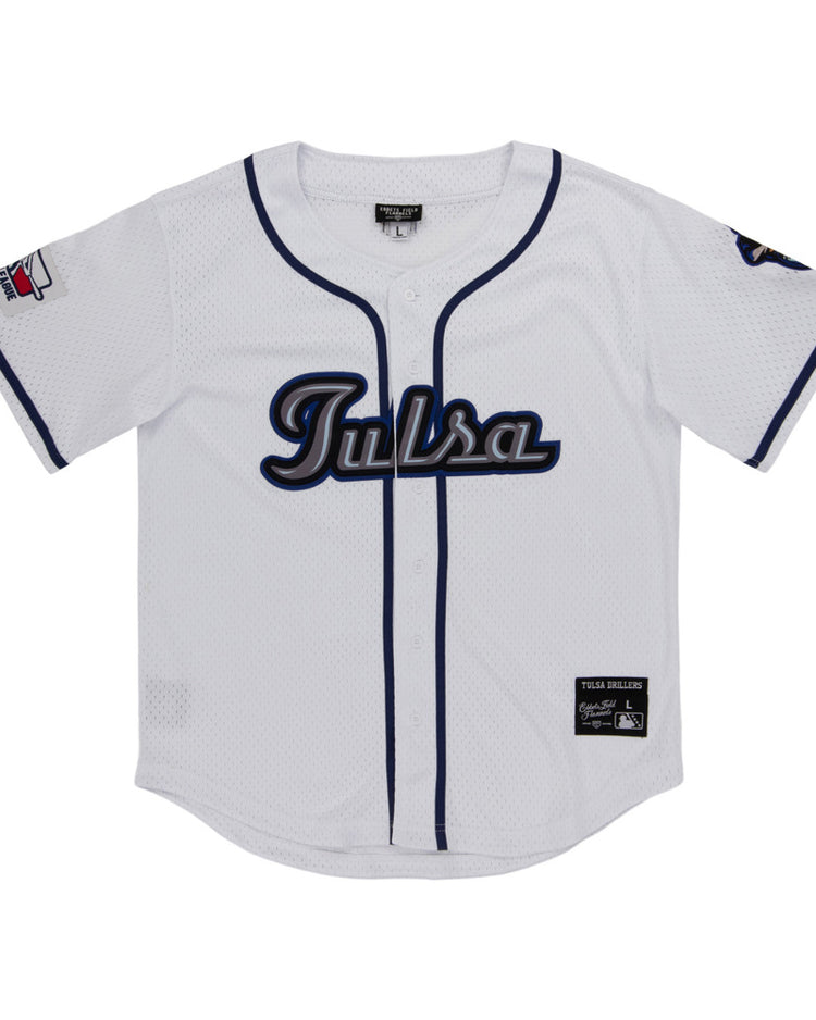 The Ebbets Field Tulsa Drillers MiLB Button Down Jersey features white fabric, 