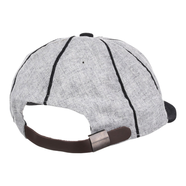 The Ebbets Field Chicago Union Giants NLB 1905 Vintage 8-Panel Ballcap is light gray, shown from the back with black vertical stitching and an adjustable brown strap with a metal clasp.