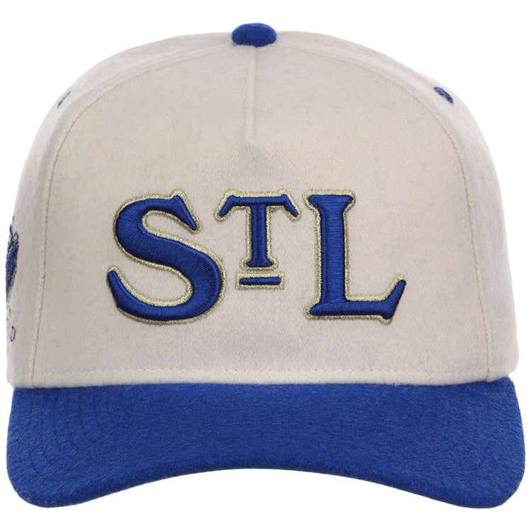 The Ebbets Field St. Louis Stars NLB Ballpark A-Frame Ballcap is white with a blue brim and button, featuring bold blue 