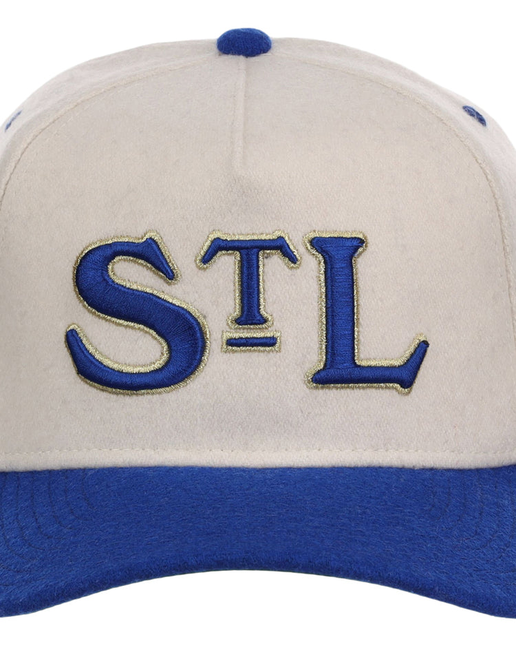 The Ebbets Field St. Louis Stars NLB Ballpark A-Frame Ballcap is white with a blue brim and button, featuring bold blue 