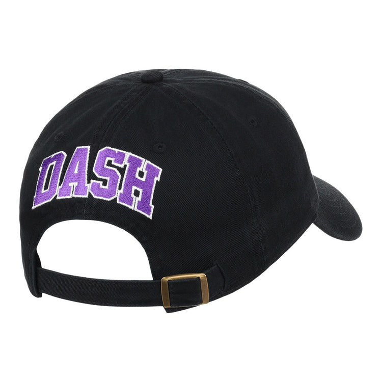The Ebbets Field Winston-Salem Dash MiLB Dad Ballcap is a black cap with DASH in large purple and white letters embroidered on the back and features an adjustable strap with a brass buckle.